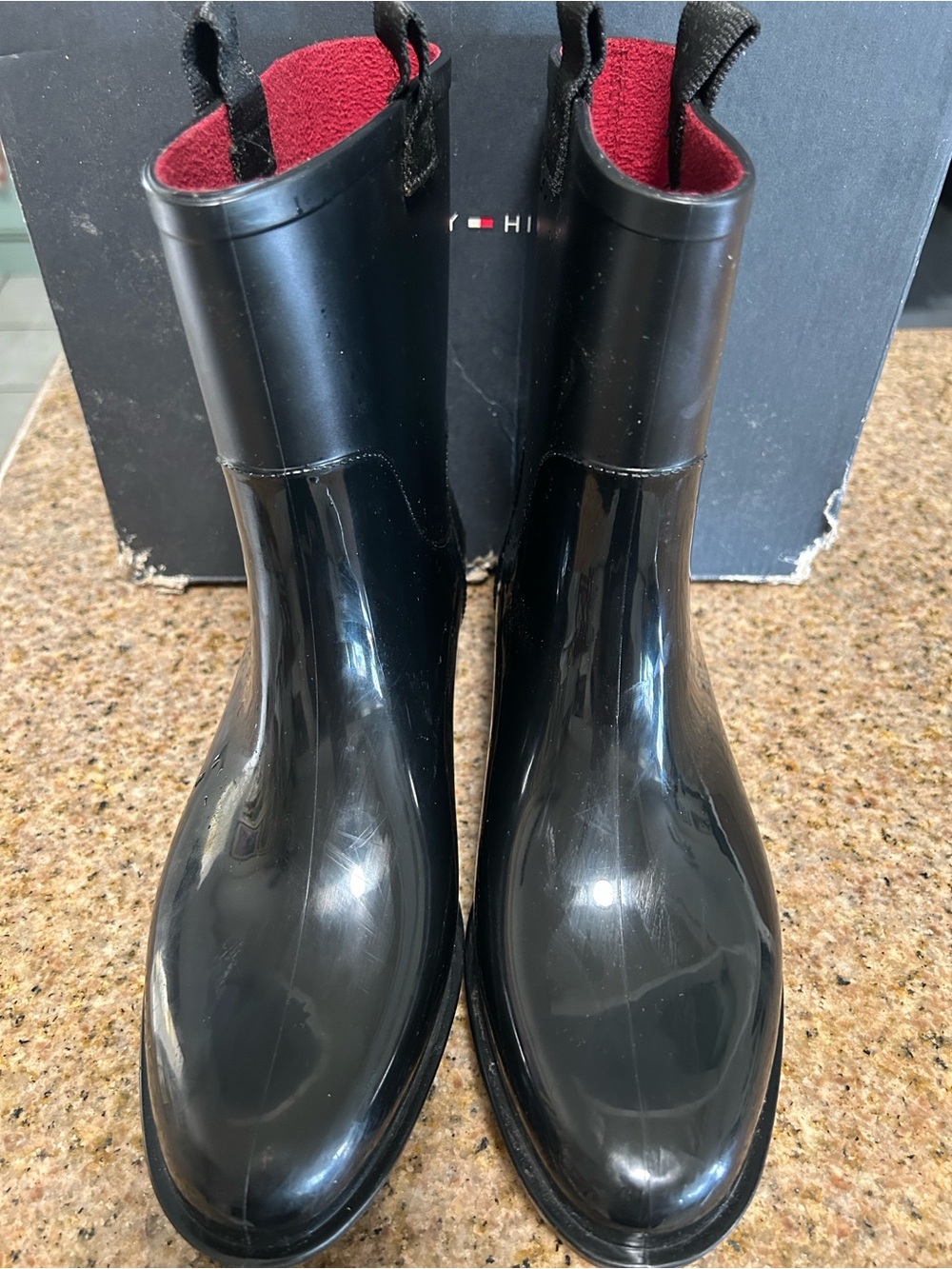 Tommy Hilfiger Black Gloss Rain & Snow Boots with Red Lining - Women